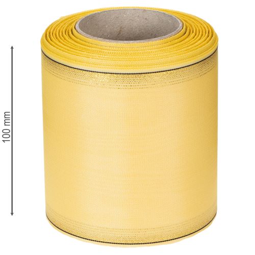 položky Dekoratívna moaré stuha na veniec v žltej farbe so zlatým okrajom, šírka 100 mm, dĺžka 25 m na floristiku a dekorácie