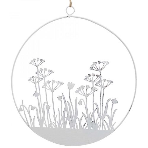 Ozdobný prsteň biely kovový ozdobný kvet lúka jarná dekorácia Ø22cm