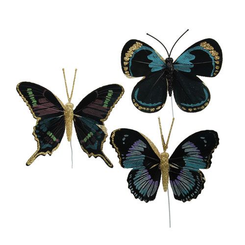 Floristik24 Motýľ z peria na drôte čierny triedený 7,5cm - 8,5cm 6ks