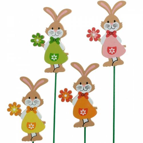 Floristik24 Ozdobná zátka Veľkonočný zajačik s kvetinou Veľkonočná dekorácia drevený zajačik na paličke 24 kusov