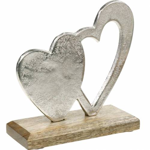 Floristik24 Dekoračné srdiečko strieborné, kovové srdiečko na mangovom dreve, Valentín, stolová dekorácia dvojité srdce