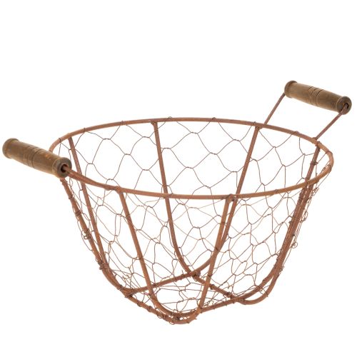 Vintage okrúhly drôtený košík s drevenými rúčkami, kovový košík, hrdzavá úprava, Ø22 cm kúpiť | Floristik24.sk