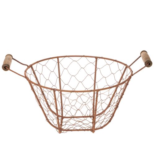 Vintage okrúhly drôtený košík s drevenými rúčkami, kovový košík, hrdzavá úprava, Ø22 cm | Floristik24.sk