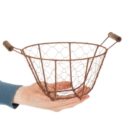 Vintage okrúhly drôtený košík s drevenými rúčkami, kovový košík, hrdzavá úprava, Ø22 cm | Floristik24.sk