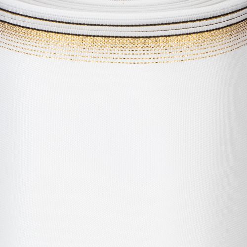 položky Elegantná moaré stuha na veniec, 200 mm biela so zlatým perleťovým okrajom a špeciálnou úpravou, 25 m - ideálna na dekorácie a oslavy