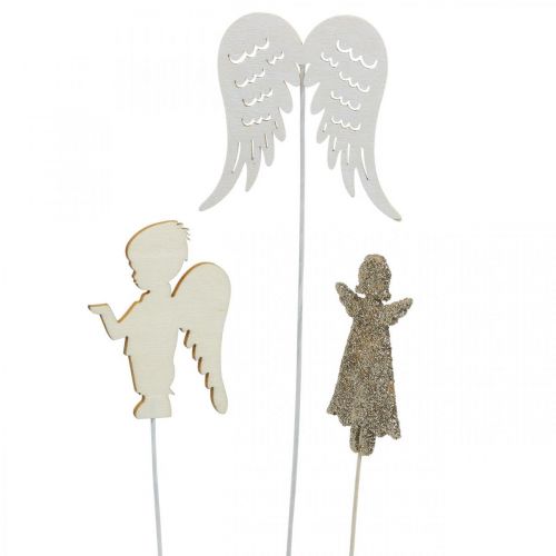 položky Adventný špunt anjel, krídla na prilepenie, drevený anjel, vianočná dekorácia príroda, biela, zlaté trblietky 18ks