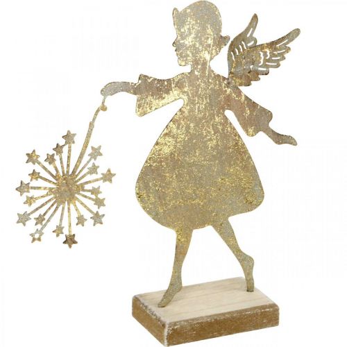 Floristik24 Anjel s púpavou, kovová dekorácia na vianoce, ozdobná figúrka adventný zlatý antický vzhľad V27,5cm