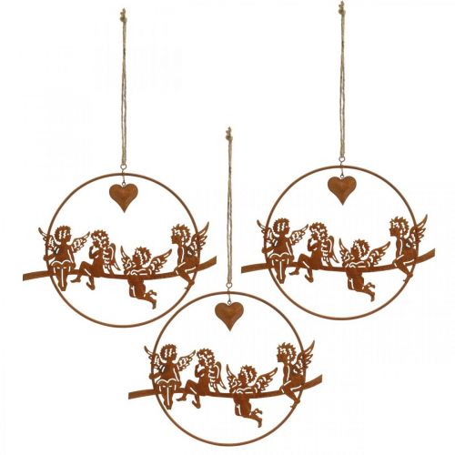 Floristik24 Vianočný anjel v obrúčke, adventná dekorácia, svadobný ozdobný prsteň, kovová dekorácia patina Ø20cm 3ks