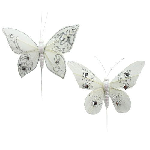Floristik24 Motýľ z peria s kamienkami, trblietky biele 10,5cm 4ks