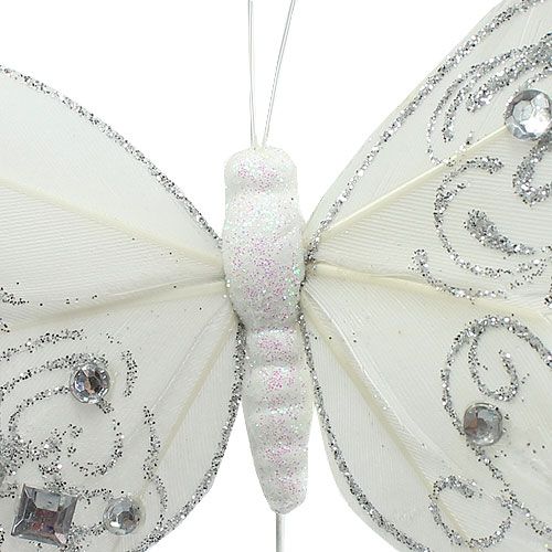 položky Motýľ z peria s kamienkami, trblietky biele 10,5cm 4ks