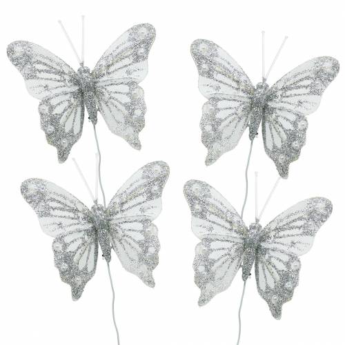 Floristik24 Motýľ perie biele so sľudou 7,5cm 4ks