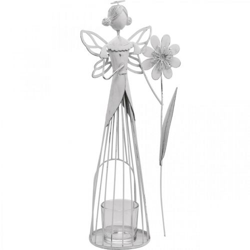 Floristik24 Jarná dekorácia, kvetinová víla ako lampáš, kovová dekorácia na stôl, škriatok s kvetom biely V32,5cm