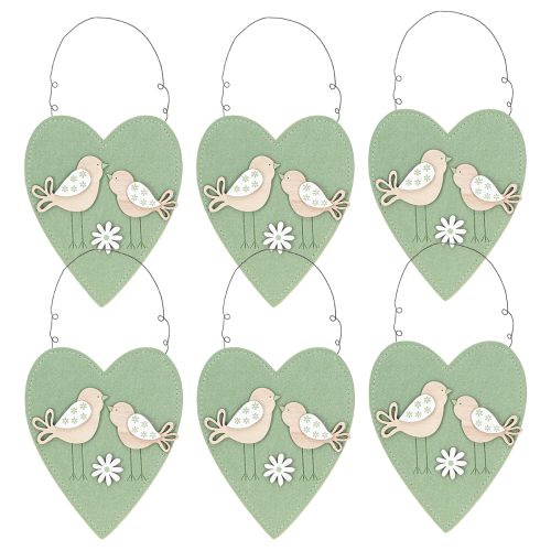 položky Plstené srdce na zavesenie vtáčika zelené prírodné 17x21cm 6 ks