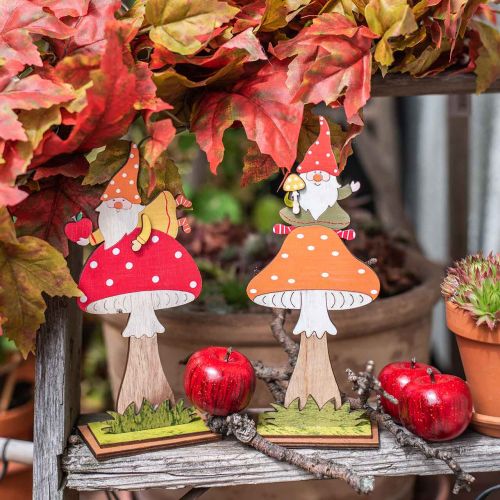 položky Muchovník na jeseň, drevená dekorácia, trpaslík na hríbiku oranžová/červená V21/19,5cm 4ks