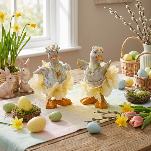 položky Dekoratívna figúrka kačky v kvetinových šatách, jar, detailný letný dekoračný doplnok, 11 cm, 2 kusy