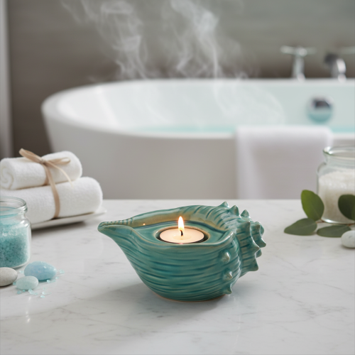 položky Držiak na čajové sviečky s mušľou, dekoratívna stolová sviečka do kúpeľne, obývačky 16 cm