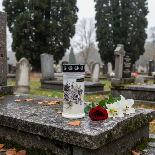 položky Biele náhrobné sviečky s kvetinovými motívmi, Ø7,5 cm V16,5 cm, 6 kusov