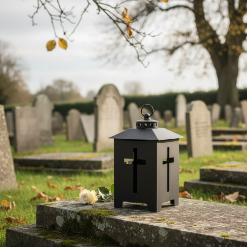 položky Lampáš s náhrobným svetlom, krížové okno, kov, starosivý, 13 x 27 cm