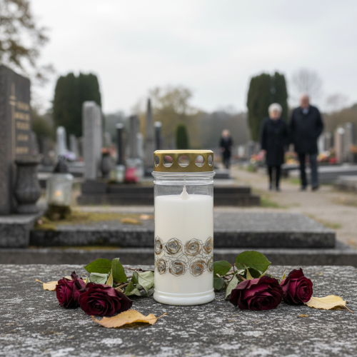 položky Náhrobná sviečka biele ruže zlaté smútočné svetlo Ø7cm V18cm 77v