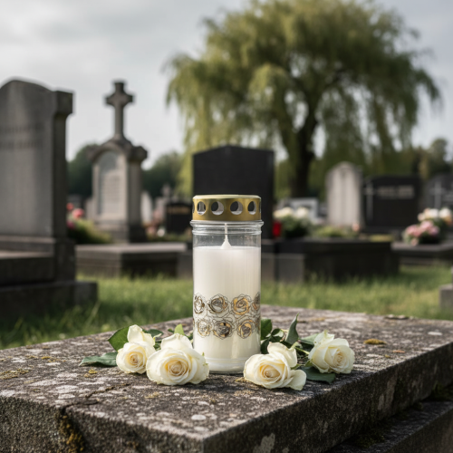 položky Náhrobná sviečka biele ruže zlaté smútočné svetlo Ø7cm V18cm 77v