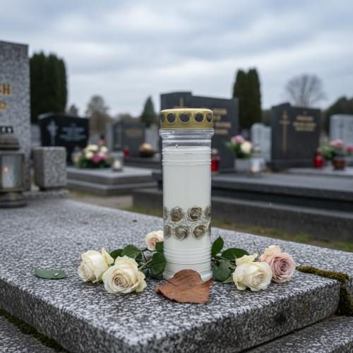 položky Náhrobná sviečka biele ruže zlaté smútočné svetlo Ø7cm 23,5cm 100h 2ks