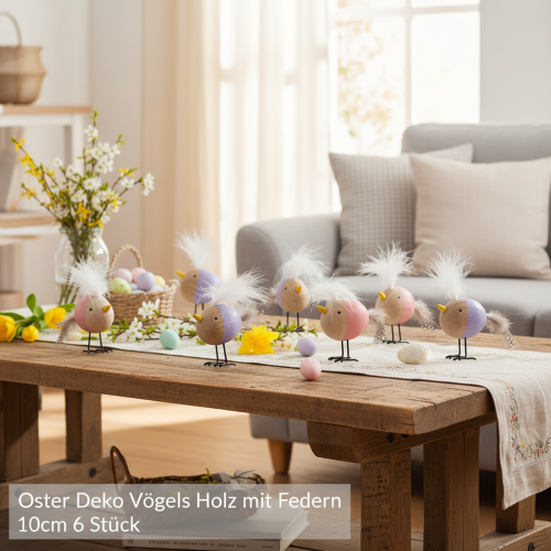 položky Dekoratívny drevený vtáčik s pierkami a farebným telom na dekoráciu stola, 10 cm, 6 kusov