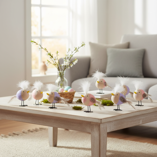 položky Dekoratívny drevený vtáčik s pierkami a farebným telom na dekoráciu stola, 10 cm, 6 kusov