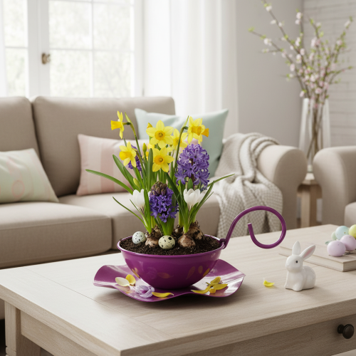 položky Dekoratívna kovová šálka na čaj s podšálkou, fialová, Ø11,5 cm, V8 cm, 2 kusy