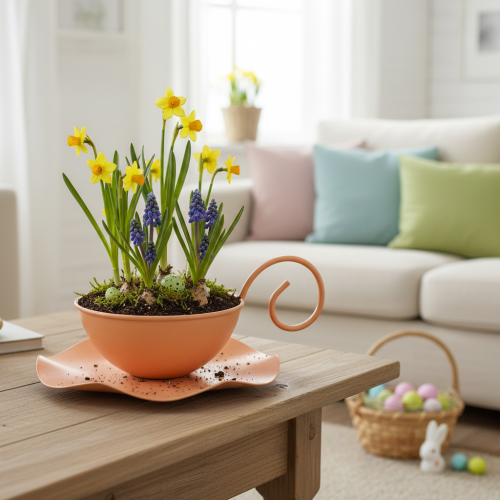 položky Kovový dekoratívny hrnček, oranžový, Ø11,5 cm, V6 cm, s podšálkou, 2 kusy