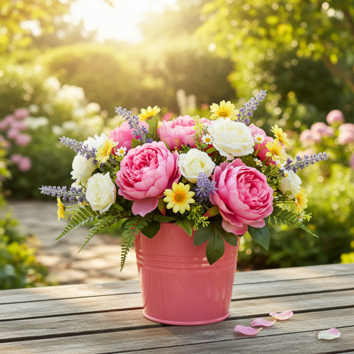 položky Kovový kvetináč s ružovou rukoväťou, vedro 16x17,5x16cm, 2 ks