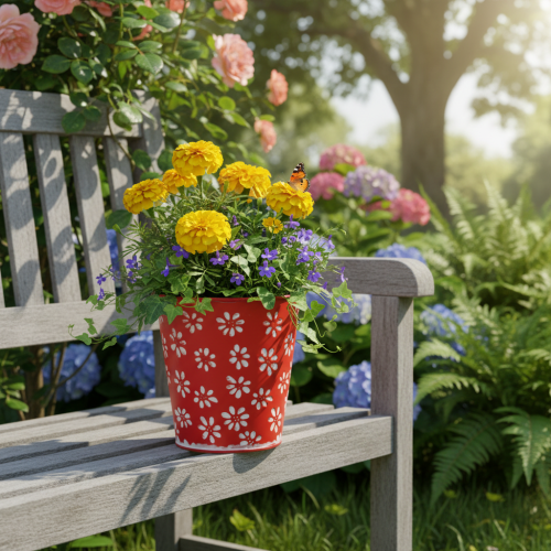 položky Červeno-biely kvetináč s kvetmi, kovový, Ø12,5 cm V11,5 cm