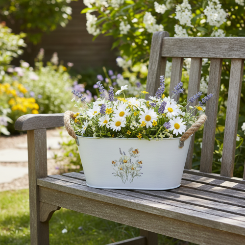 položky Dekoratívna oválna kovová misa, biela s prírodným kvetinovým dekorom, D26 cm