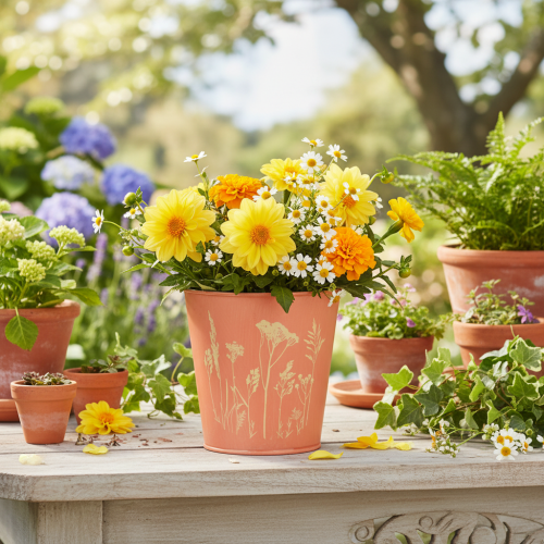 položky Kvetináč s kvetinovou výzdobou, marhuľovo žltý, Ø10,5 cm V10,5 cm