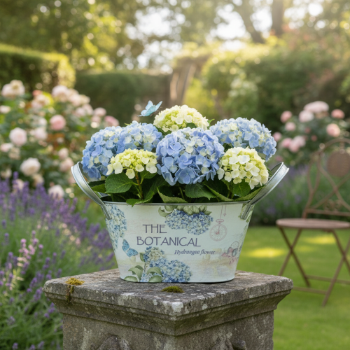 položky Kvetinová misa s rúčkami, dizajn hortenzie, kovová, 26×13×14,5 cm