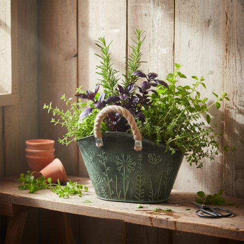 položky Kvetináč s rúčkami, taška, kov, juta, 19×13,5×13,5 cm