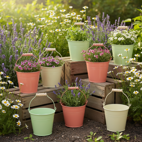 položky Vedro s rúčkou, kvetináč, pastelový kov, Ø10cm V8cm, 10 kusov