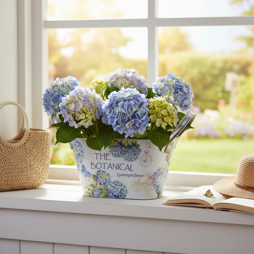 položky Kvetinová misa s rúčkami, dizajn hortenzie, kovová, 26×13×14,5 cm