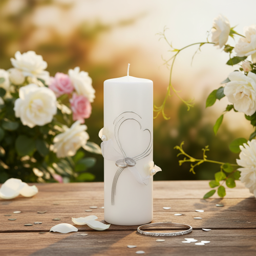 položky Slávnostná svadobná sviečka so štýlovým dizajnom srdca, striebornými ozdobami a organzovou stuhou – ideálna na svadby a strieborné výročia svadby, 240/80 mm