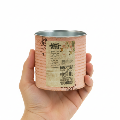 položky Dekoratívny kvetináč v plechovke lososový, kovový, letná dekorácia Ø11cm V10,5cm