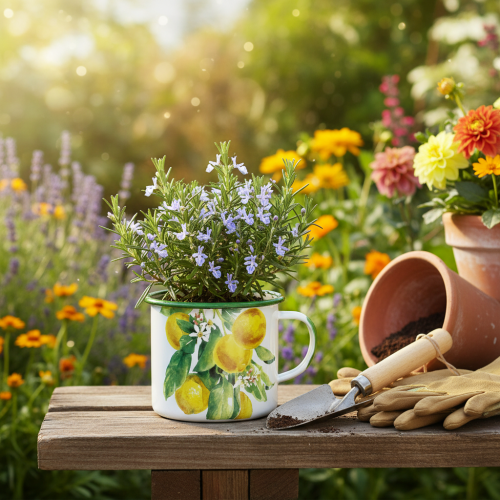 položky Smaltovaný kvetináč, dekoratívny kvetináč s citrónovou vetvičkou, kvetináč v stredomorskom štýle Ø9,5 cm V10 cm