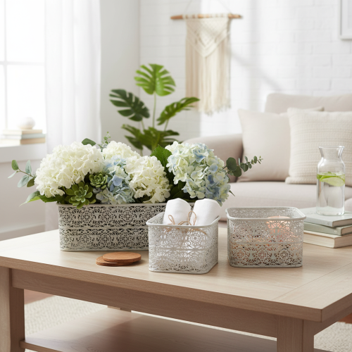 položky Kovové misky s čipkovaným vzorom, dekoratívna nádoba, štvorcové, shabby chic, biele, 27/23/19 cm, V 13,5 cm, sada 3 kusov