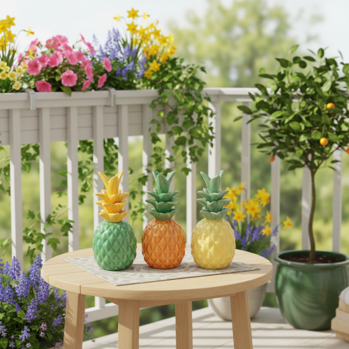 položky Dekoratívna keramika s ananásom, farebná keramická dekorácia, rôzne farby, 17 cm, 3 kusy