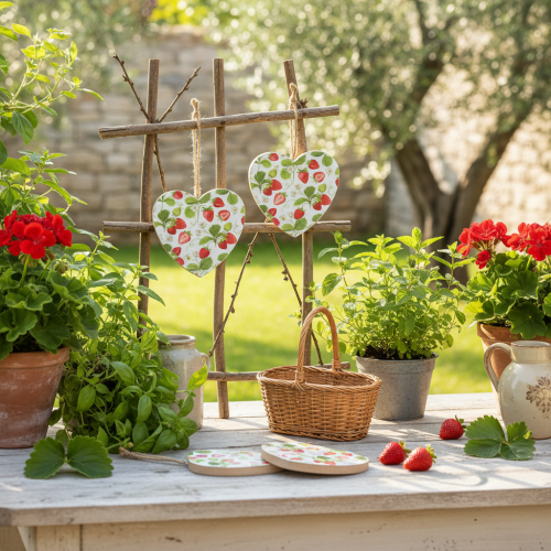 položky Dekoratívne srdce s motívom jahôd – Letný drevený prívesok do vidieckeho štýlu, 10 cm x 10 cm, 4 kusy