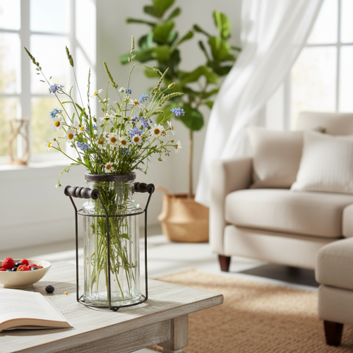 položky Sklenená fľaša v kovovom košíku, ideálna ako dekoratívne doplnky do obývačky, 20 cm