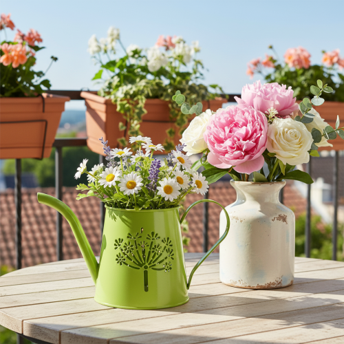 Dekoratívna kovová krhlica, dizajn púpavy, zelená, výška 12 cm, 2 kusy, dekoratívna váza, shabby chic | Floristik24.sk