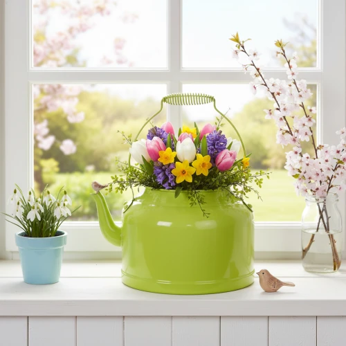 Dekoratívna kovová kanvica na čaj, jablkovo zelená - kvetináč - Ø20cm V15cm - všestranná záhradná dekorácia a nápad na darček | Floristik24.sk