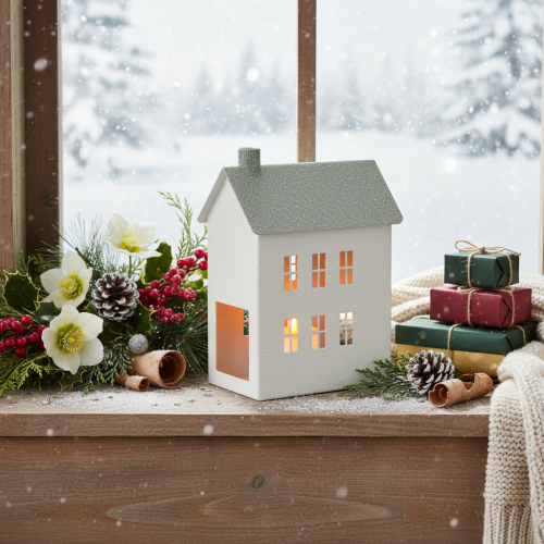 Dekoratívny kovový domček v tvare s oknami a komínom, 22 cm | Floristik24.sk