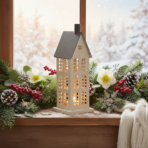 Dekoratívny kovový domček s oknami a krbom, 28 cm | Floristik24.sk