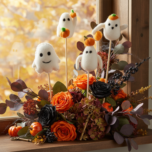 položky Figúrky duchov na drevených paliciach, halloweenska dekorácia, 54 cm, 8 kusov