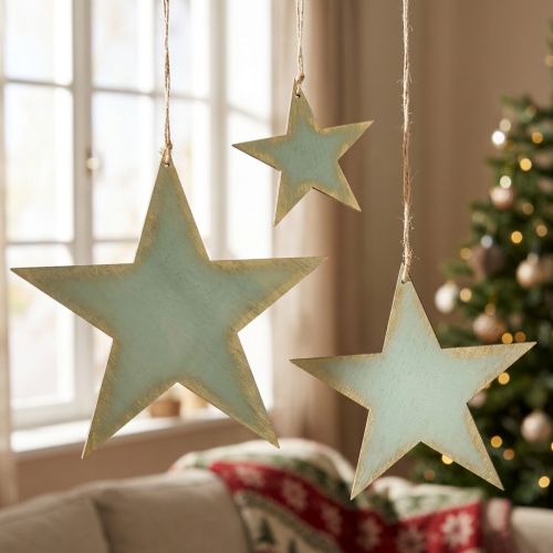 Drevené hviezdičky na zavesenie okennej dekorácie mint zlatá 12/20/26cm sada 3 ks | Floristik24.sk